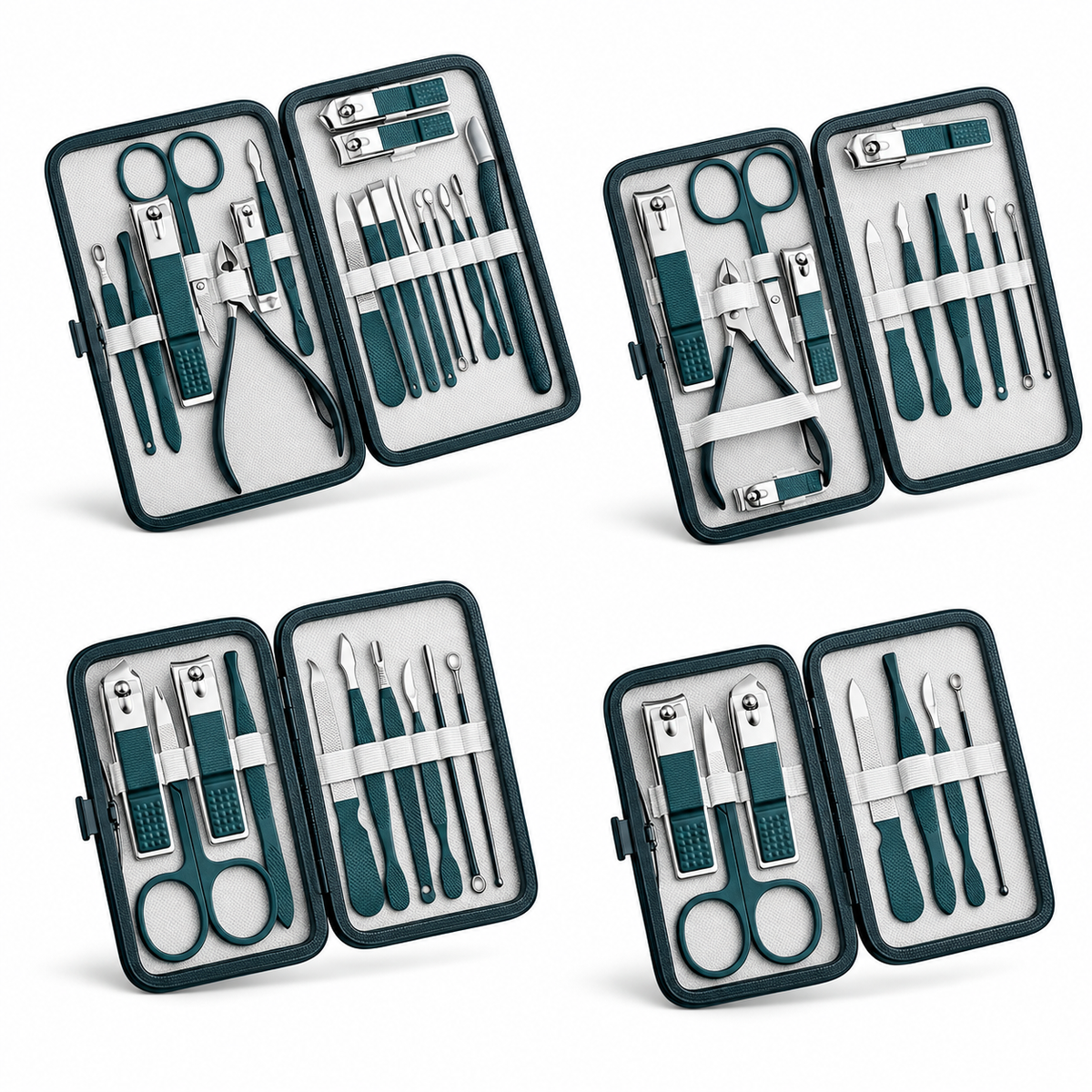 Four manicure travel kit size options displayed without labels