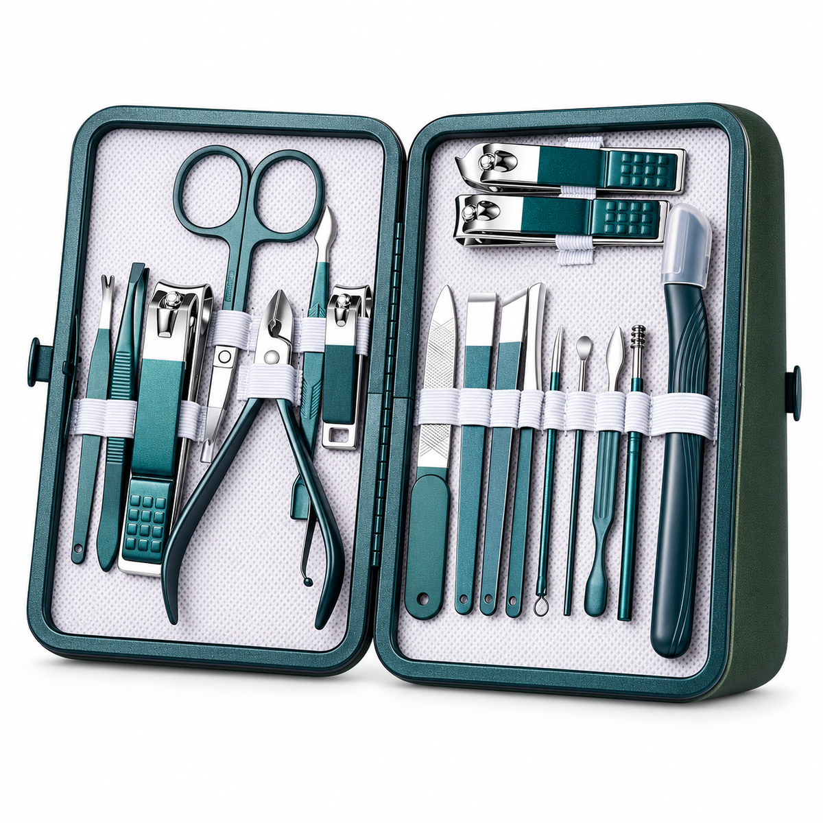 Open teal manicure and pedicure travel kit with nail care tools on white background