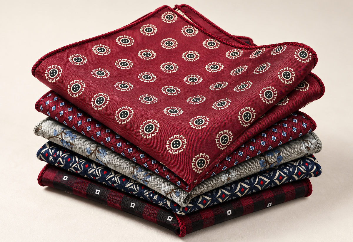 Stack of patterned men's pocket squares with burgundy floral design on top