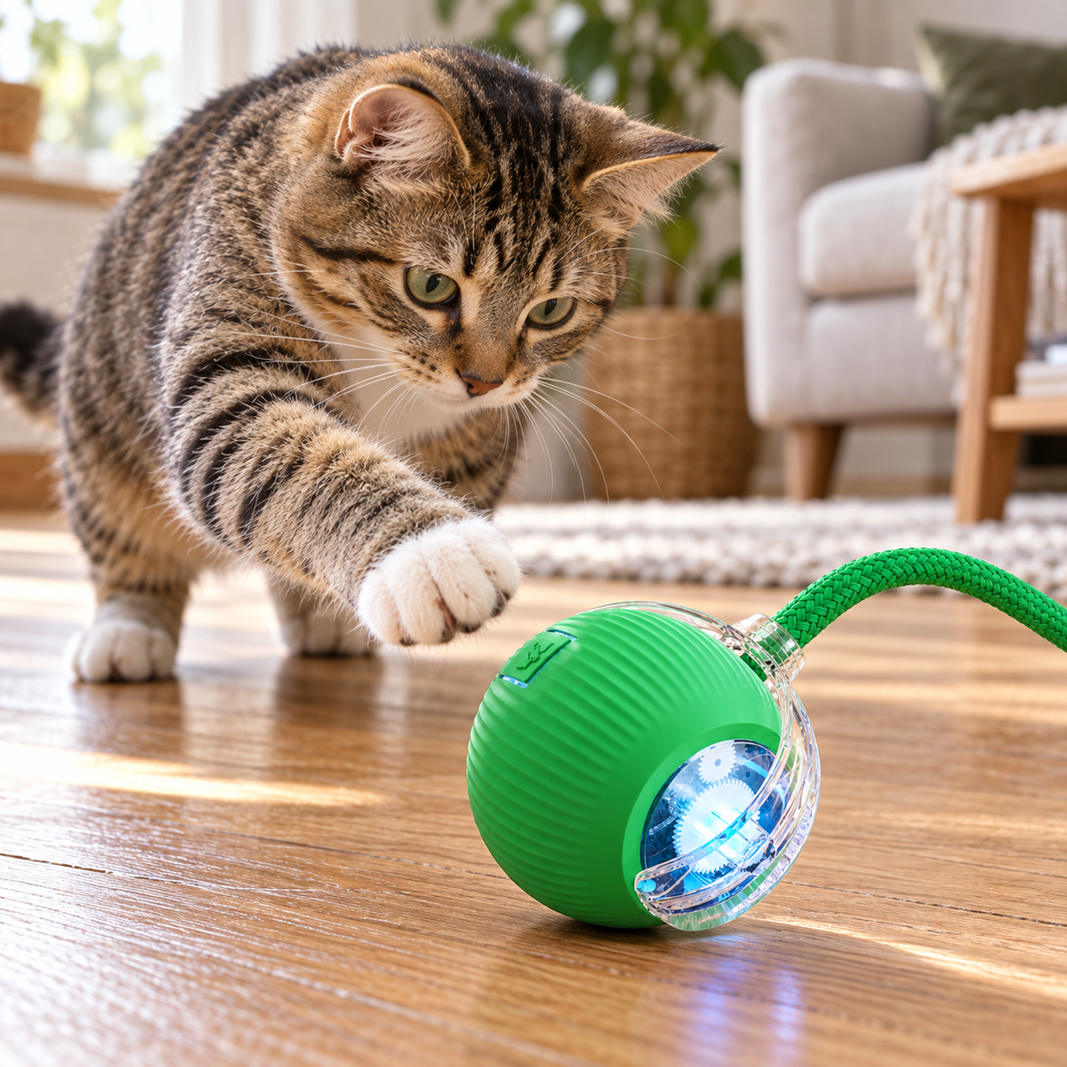 Cat playing with green rolling chase toy in a living room, scene 1