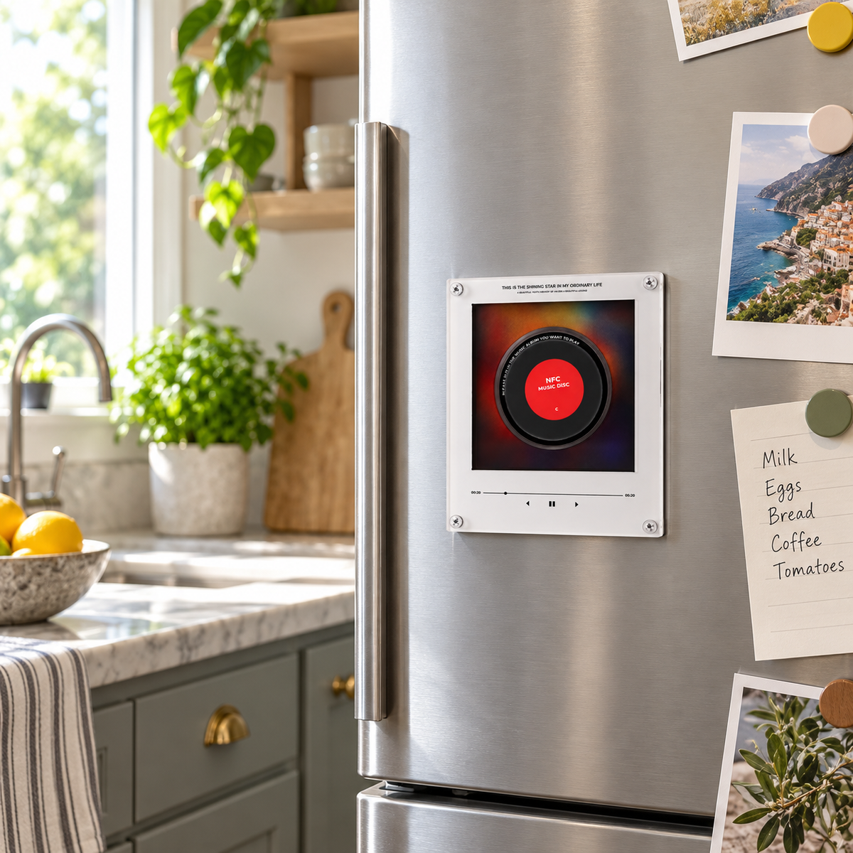 Music Fridge Magnet Player — 9-Disc NFC Set in a home setting, lifestyle scene 1