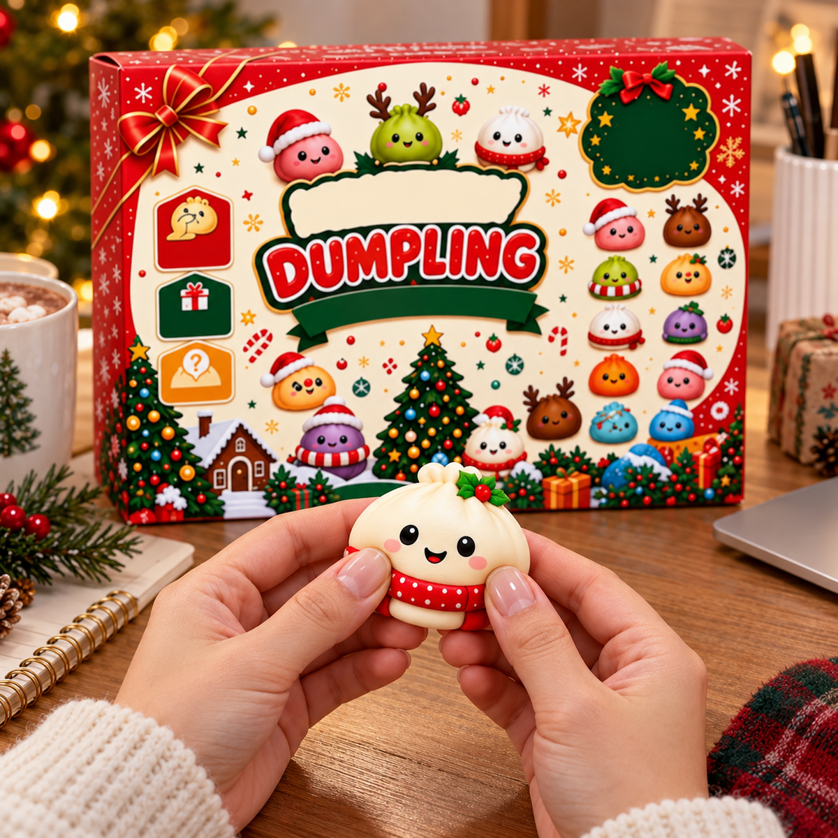 Dumpling squishy advent calendar in a festive home setting, scene 1; sample designs shown