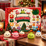 Dumpling squishy advent calendar in a festive home setting, scene 2; sample designs shown