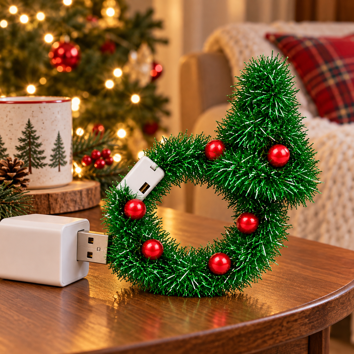 Christmas tree USB projector in a holiday home setting, scene 2; background accessories not included