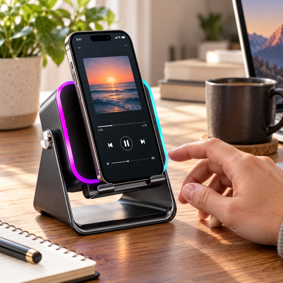 RGB speaker phone stand used in a home setting, scene 1; phone not included