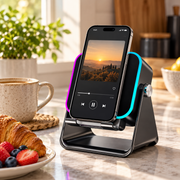 RGB speaker phone stand used in a home setting, scene 2; phone not included