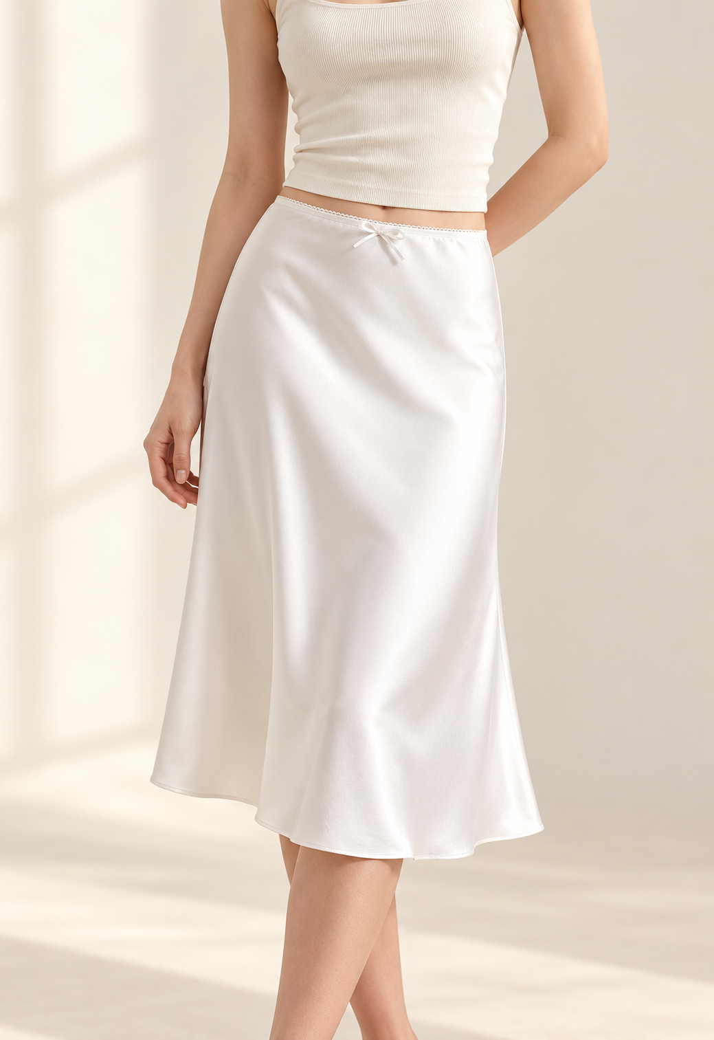 White satin look A-line midi skirt with bow waistband on model