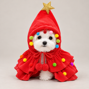 Red Christmas tree pet costume on a small white dog