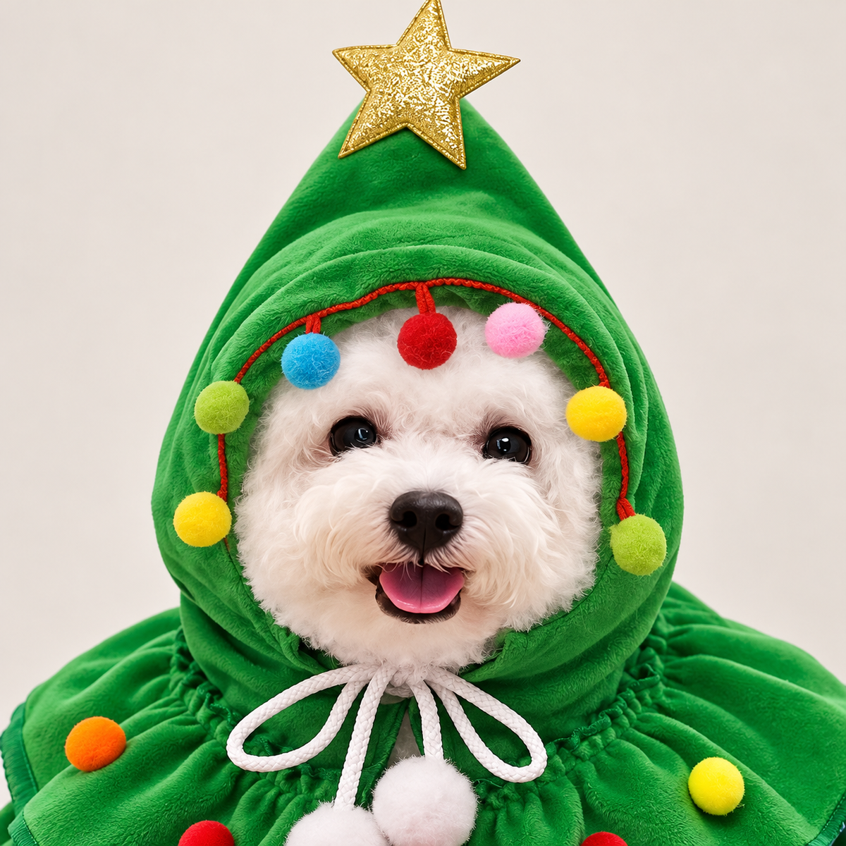 Christmas tree costume hood, star and pompom trim