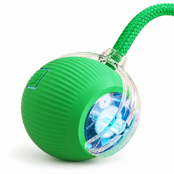 Green rolling cat toy with braided tail and clear gear endcap
