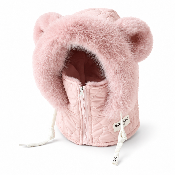 Pink bear-ear fleece balaclava with quilted zipper panel