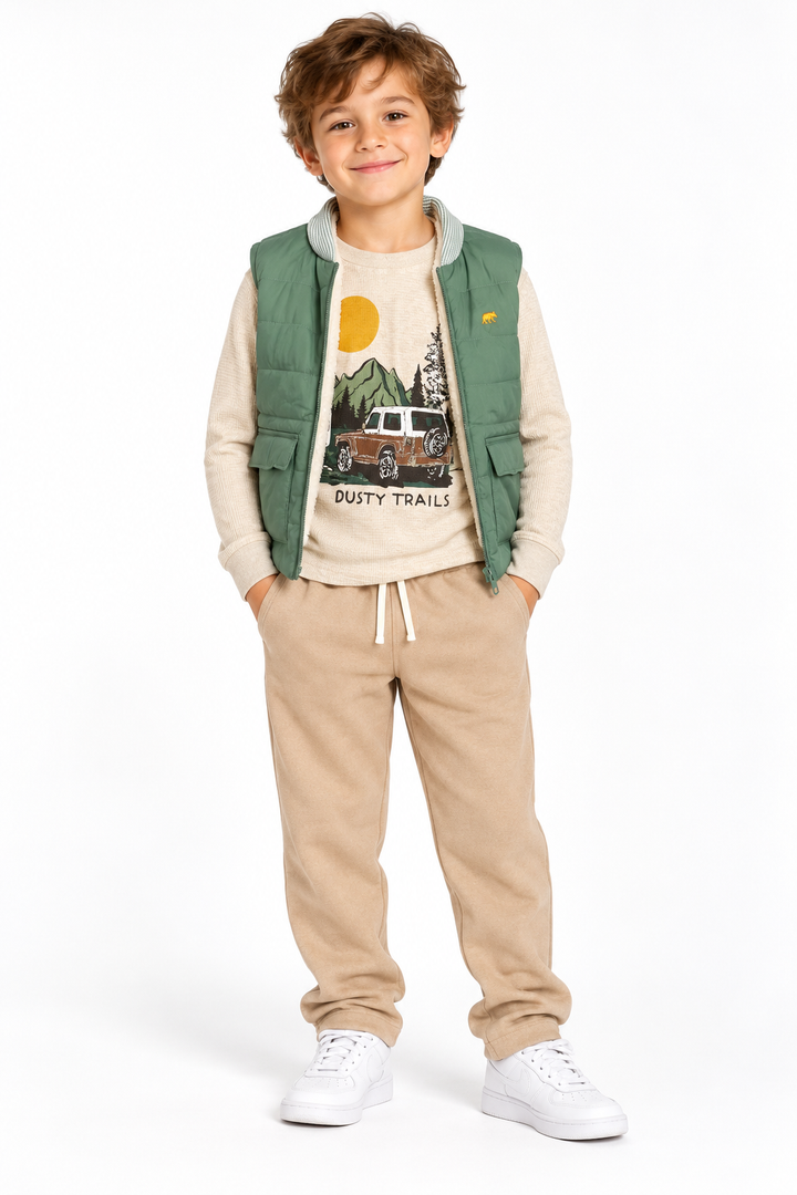 BEARPAW Boys’ 3-Piece Vest, Graphic Top & Pants Set — Size 7 on an age-appropriate child model