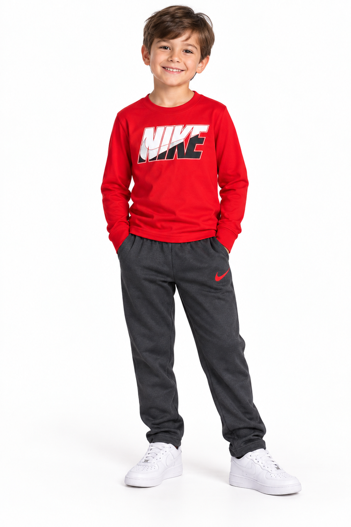 Nike Boys’ 2-Piece Long-Sleeve Top & Pants Set — Red/Charcoal, Size 7 on an age-appropriate child model