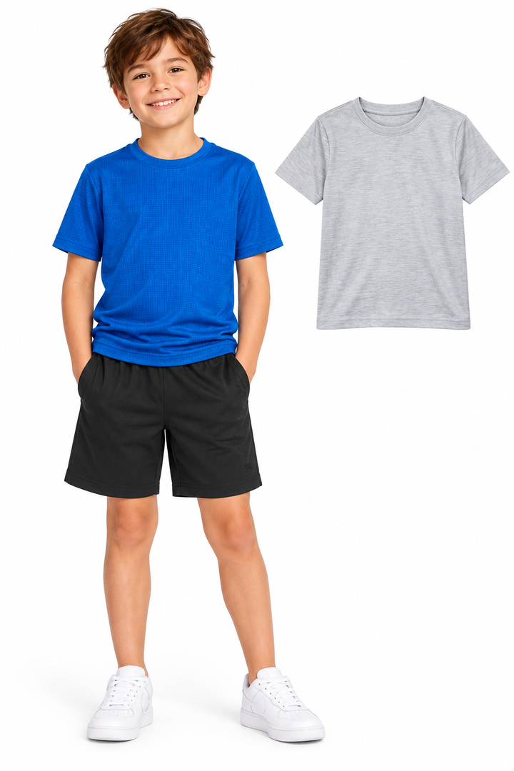 Layer 8 Boys’ 3-Piece Activewear Set — Blue & Gray Tees, Black Shorts, Size 7/8 on an age-appropriate child model