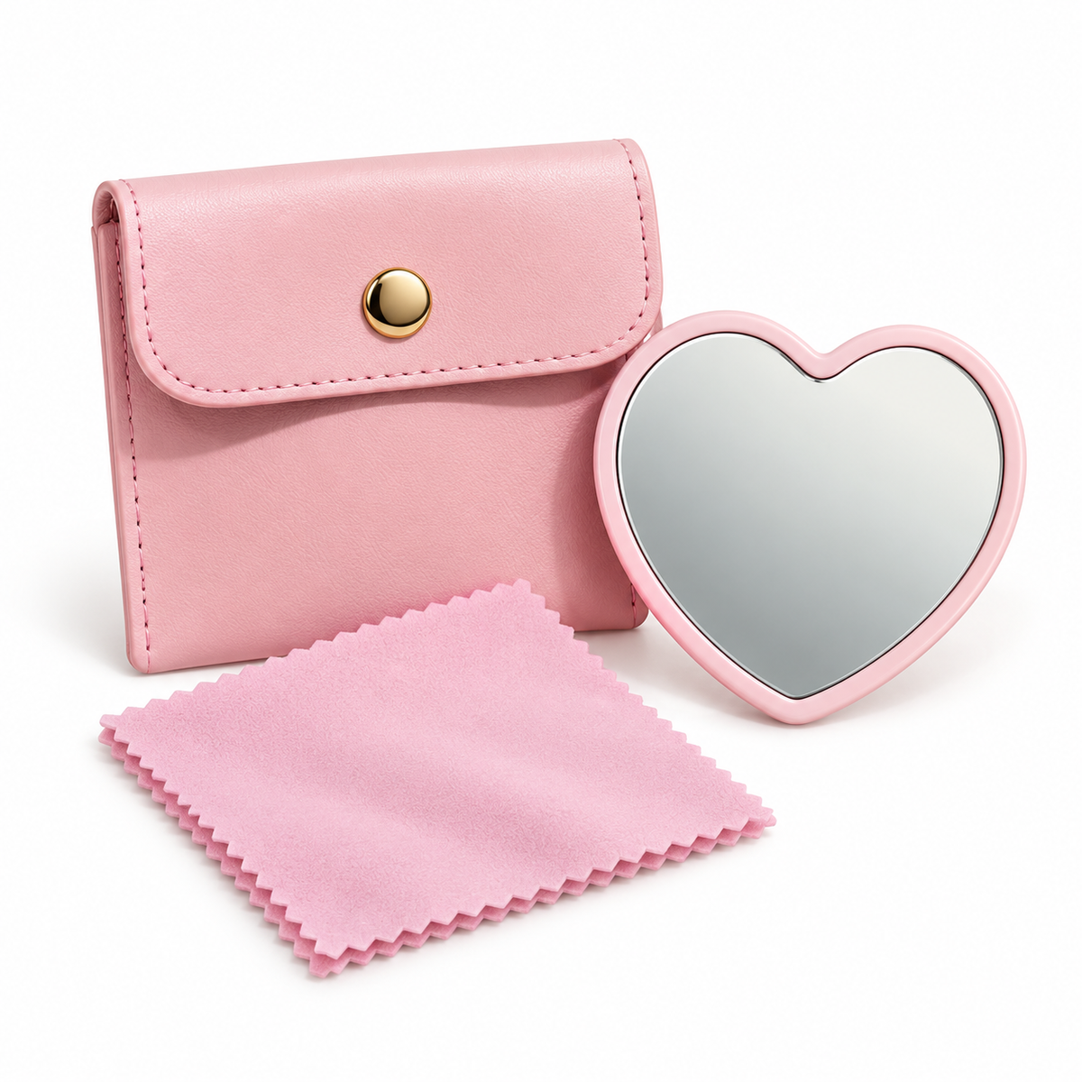Pink Heart Pocket Mirror with PU Pouch & Cleaning Cloth