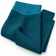 teal and black honeycomb scrunch leggings — construction detail