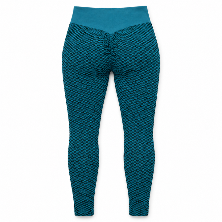 teal and black honeycomb scrunch leggings — studio view