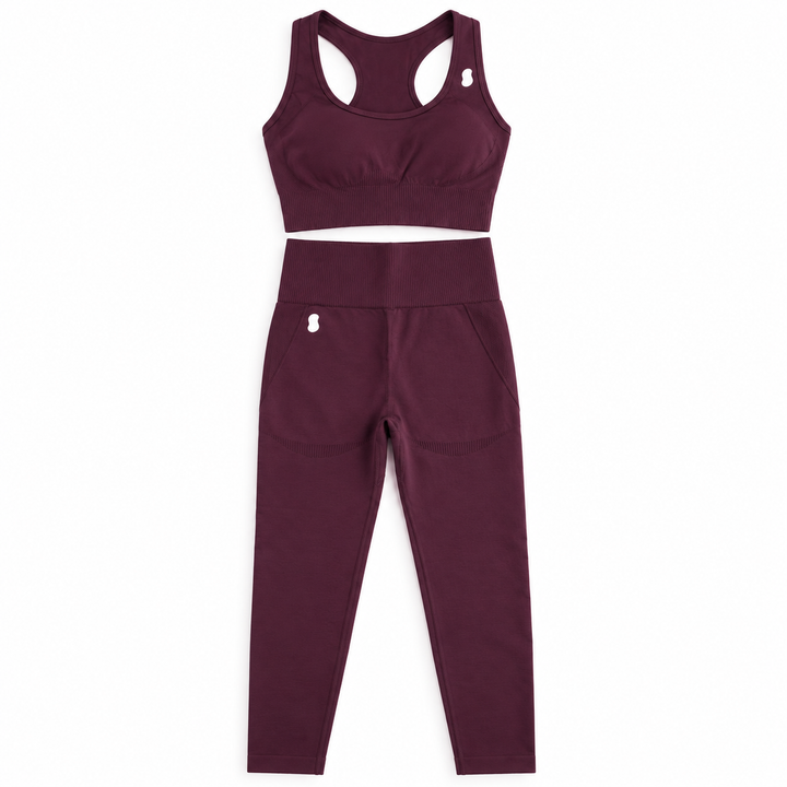 dark plum racerback bra & contour leggings set — studio view
