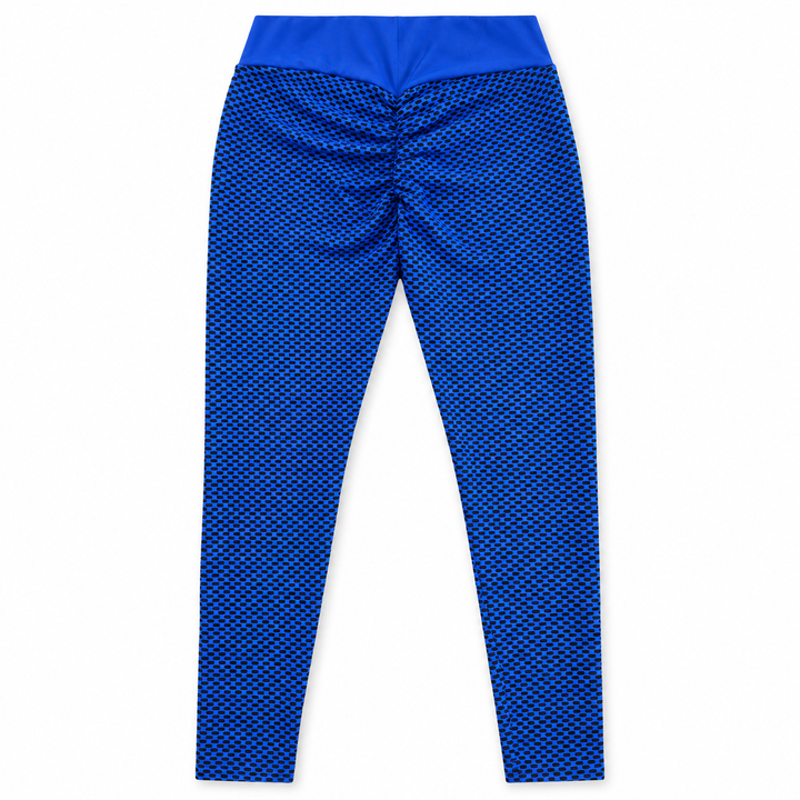 royal blue and black honeycomb leggings — studio view