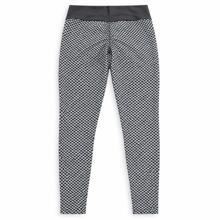 gray and black honeycomb scrunch leggings — studio view