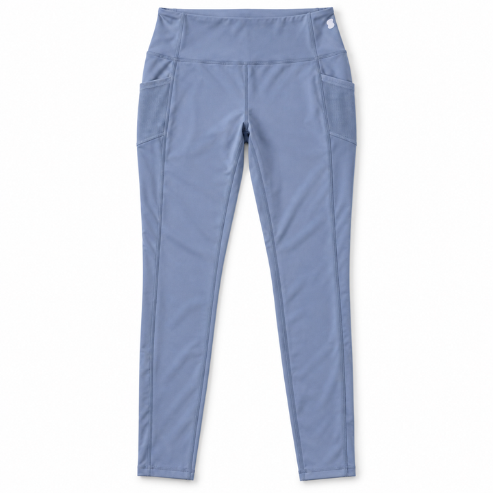 blue-gray mesh-pocket activewear leggings — studio view