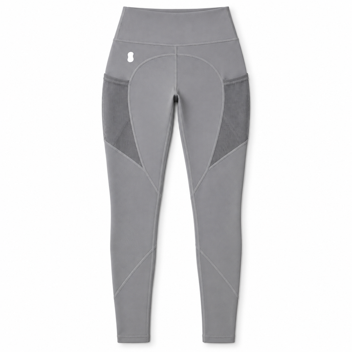 gray mesh-pocket activewear leggings — studio view