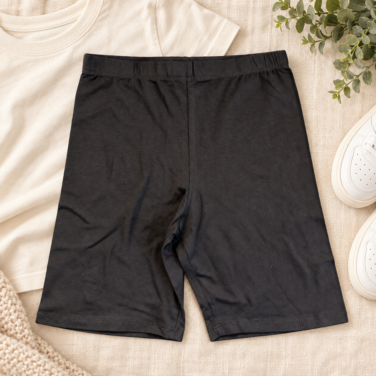 Girls black cotton stretch bike shorts lifestyle view