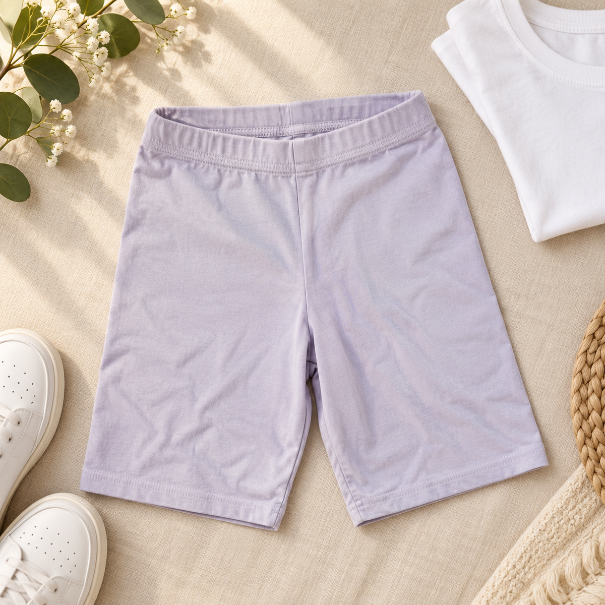 Girls lavender cotton stretch bike shorts lifestyle view