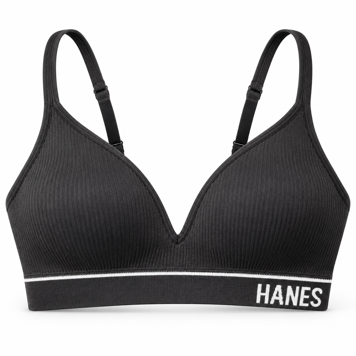 Hanes Originals black ribbed contour wireless bra on a white studio background