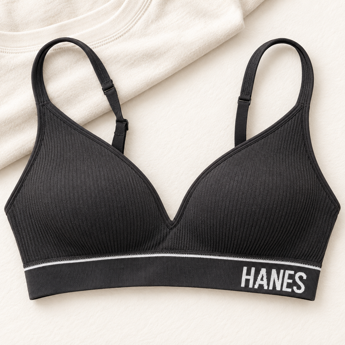 Hanes Originals black ribbed seamless contour wireless bra