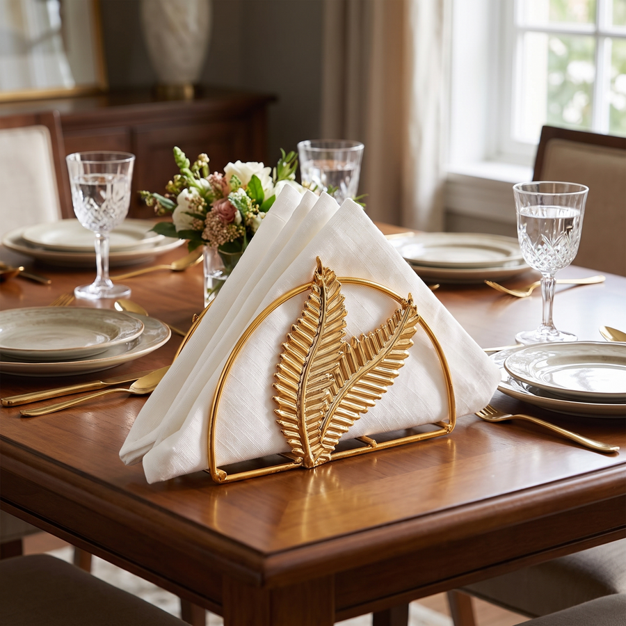 Gold Metal Napkin Holder Stand – lifestyle view