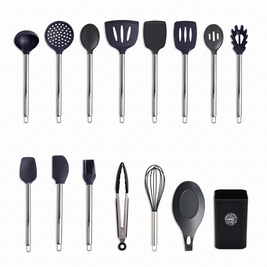 Silicone Cooking Utensil Set with Steel Handles – white background