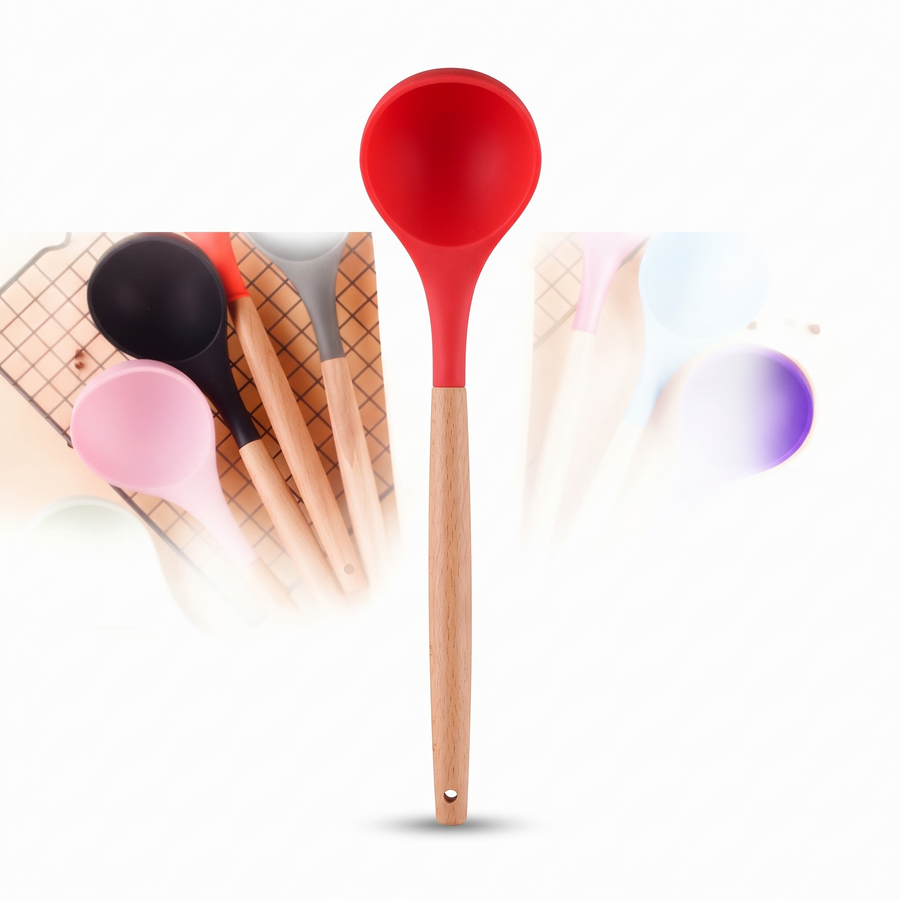 Silicone Soup Ladle with Wood Handle – white background