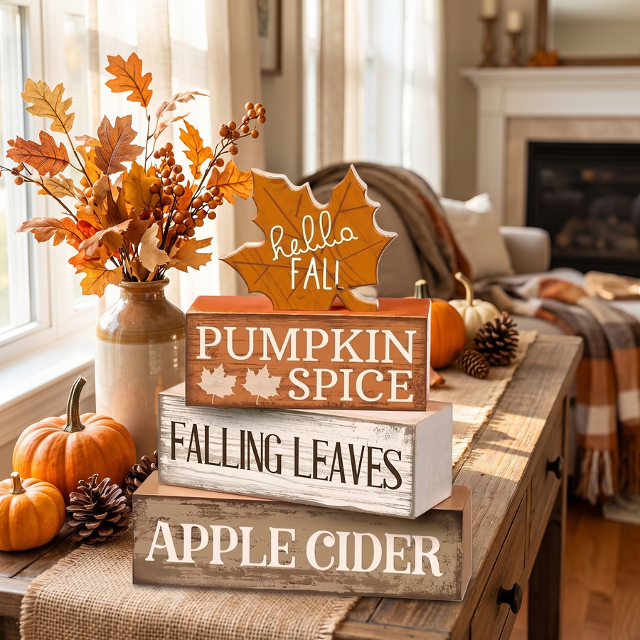 Wooden Maple Fall Tiered Tray Decor – lifestyle view