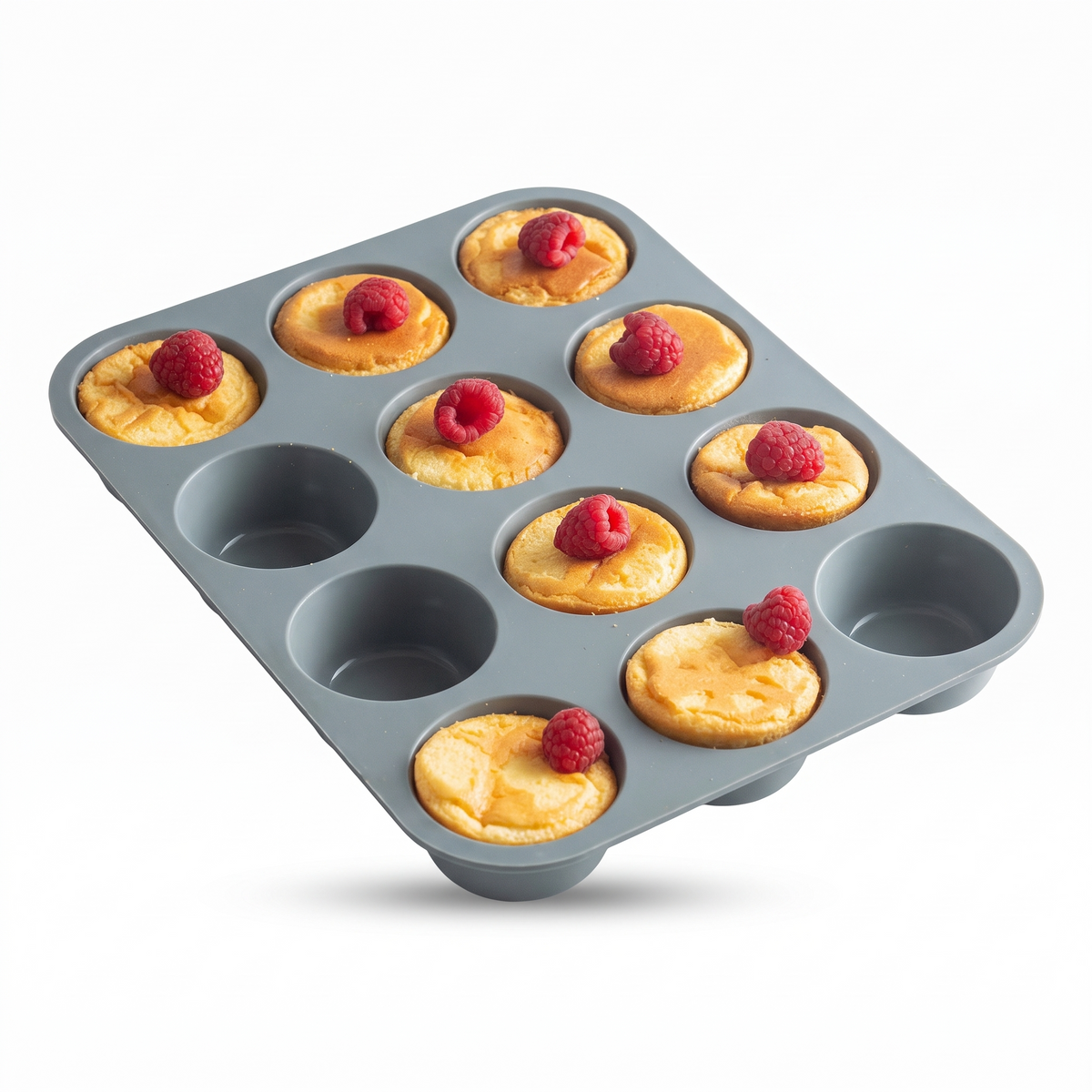 12-cavity silicone round chocolate and baking mold – grey mold with baked treats