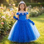 blue princess ball gown worn outdoors
