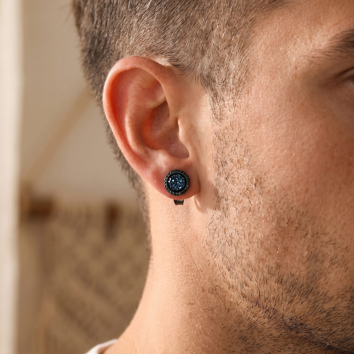 blue zircon stud earring worn