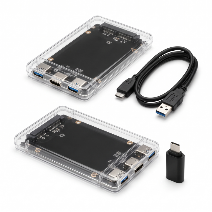 transparent SATA drive enclosure with cables