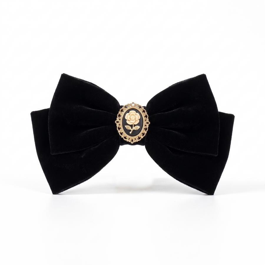 Velvet Camellia Bow Hair Clip – white background