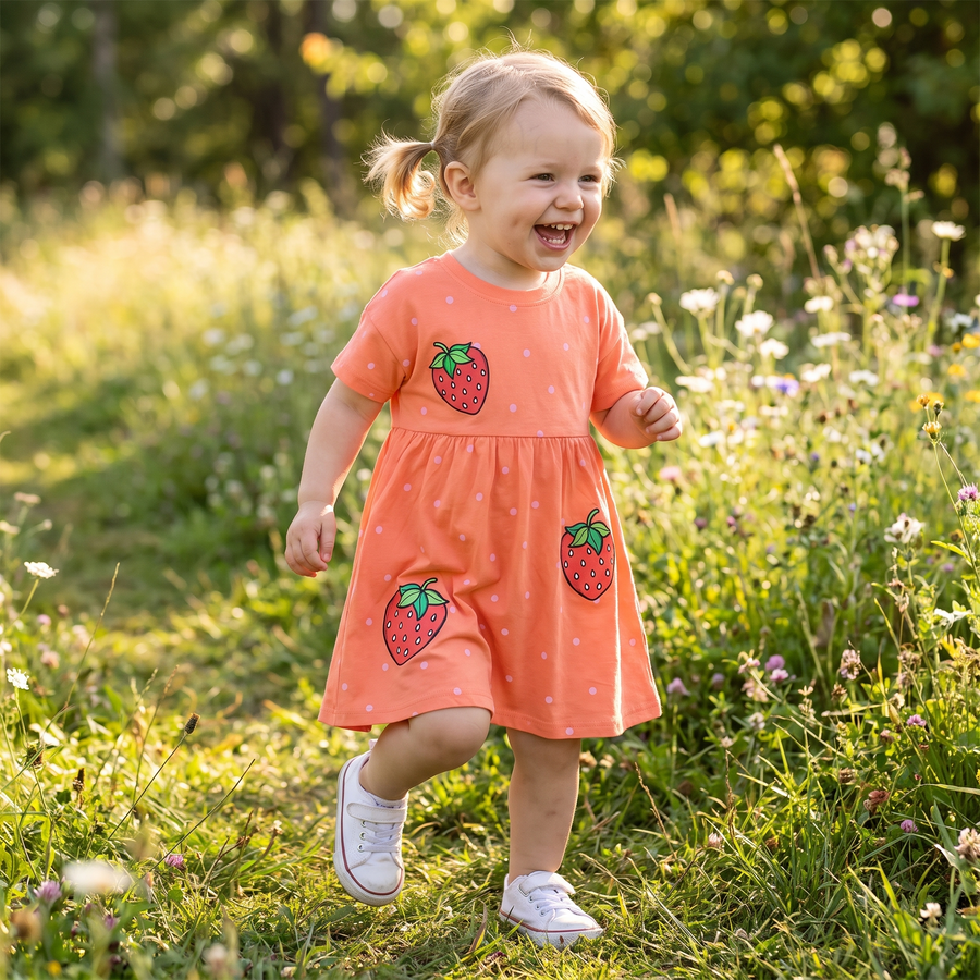 Strawberry Print Cotton Kids Dress – lifestyle view