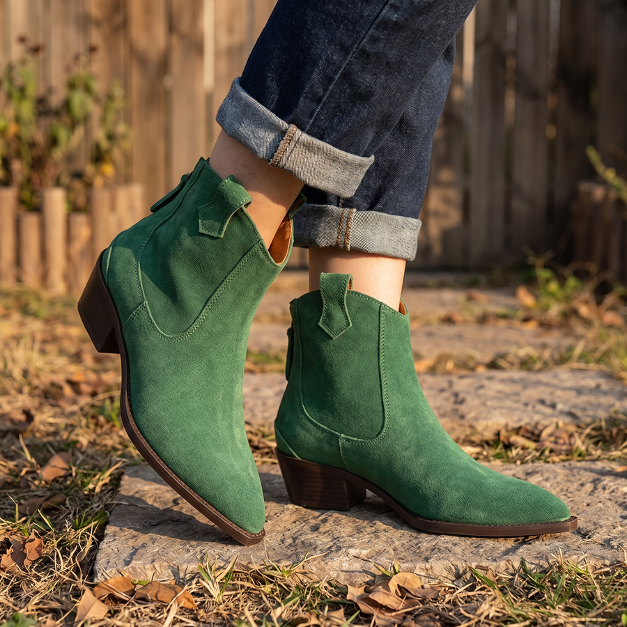 Suede Pointed-Toe Western Ankle Boots – lifestyle view