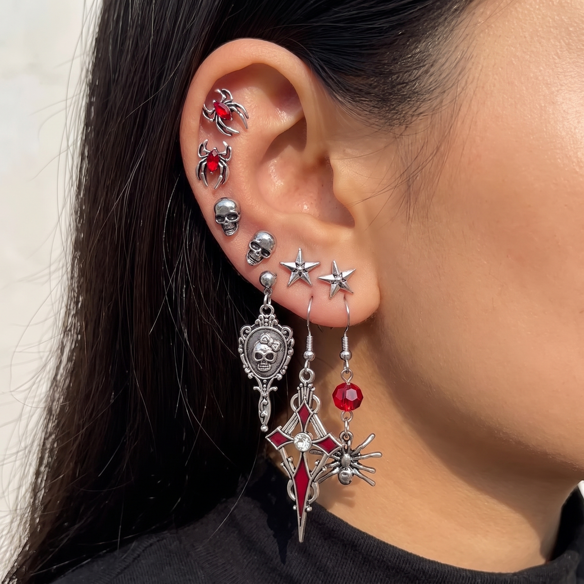 6-Pair Gothic Skull Spider Drop Earrings – lifestyle view