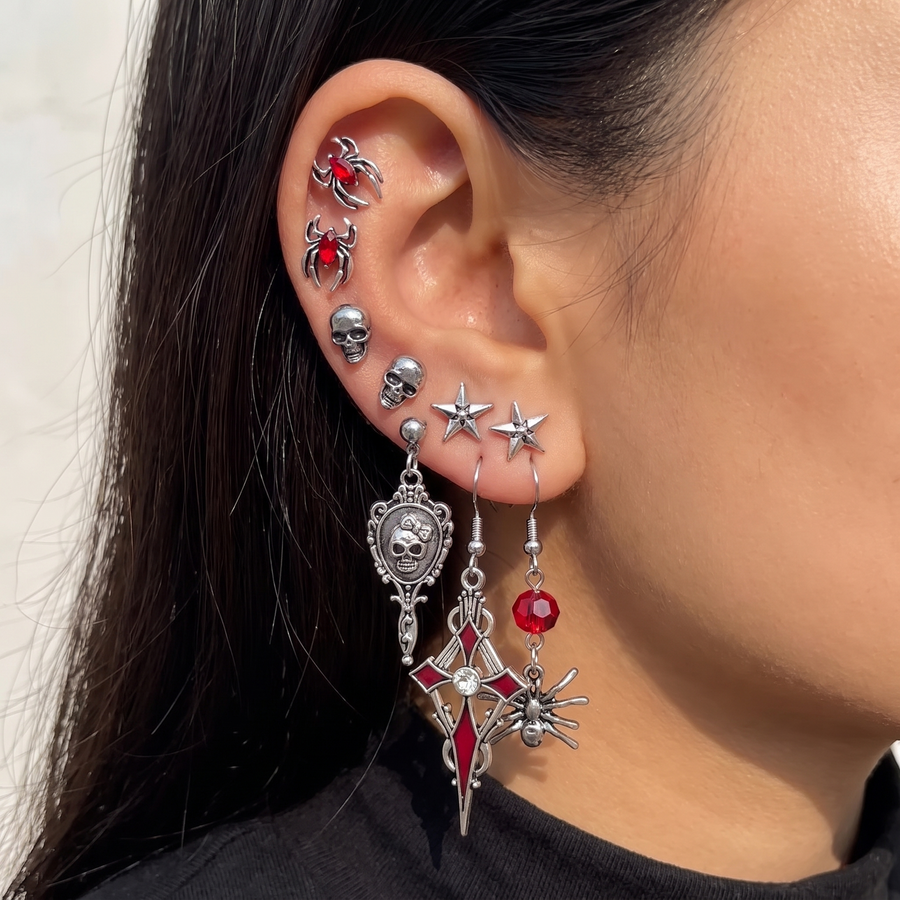 6-Pair Gothic Skull Spider Drop Earrings – lifestyle view