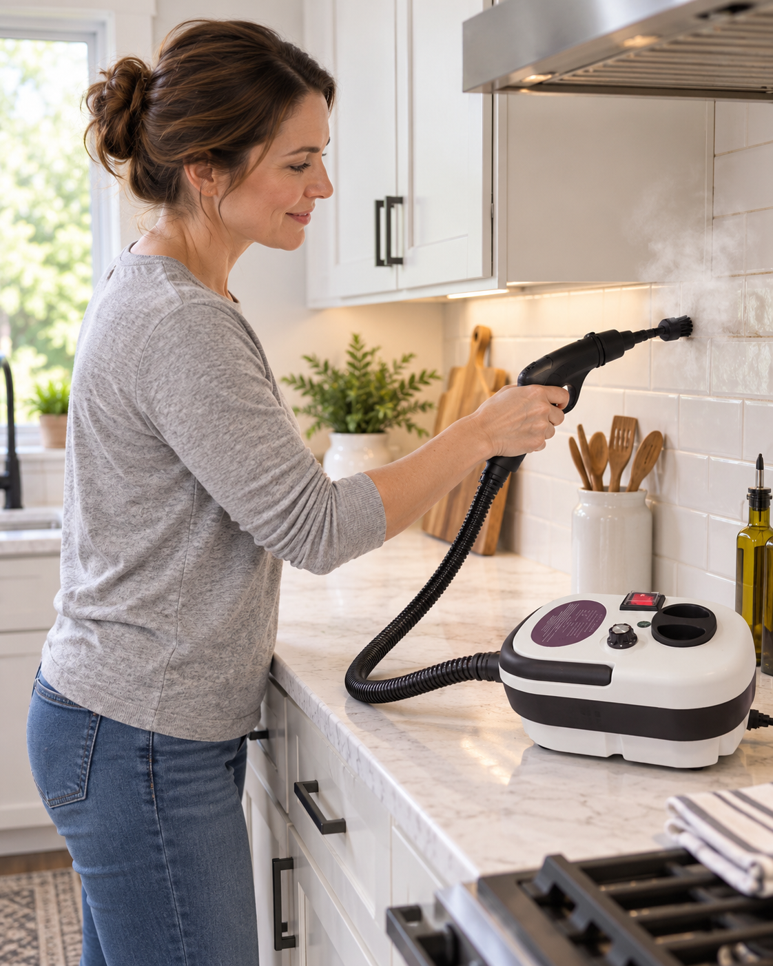 HX-860 steam cleaner being used on a kitchen backsplash