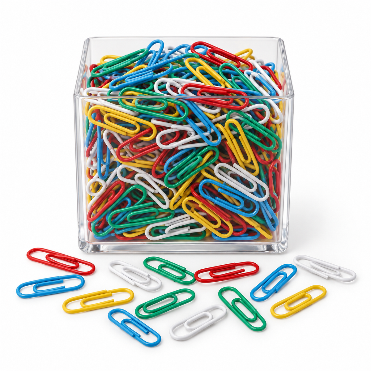 Assorted color Jot paper clips on a white studio background