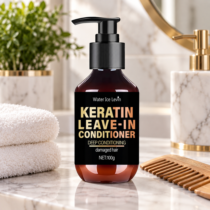 Keratin and biotin leave-in hair conditioner on vanity