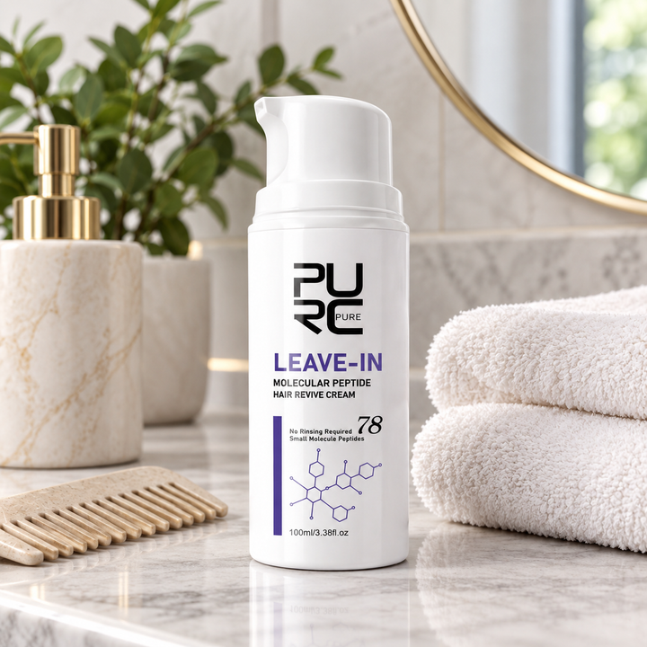 Keratin peptide leave-in hair repair cream on a vanity