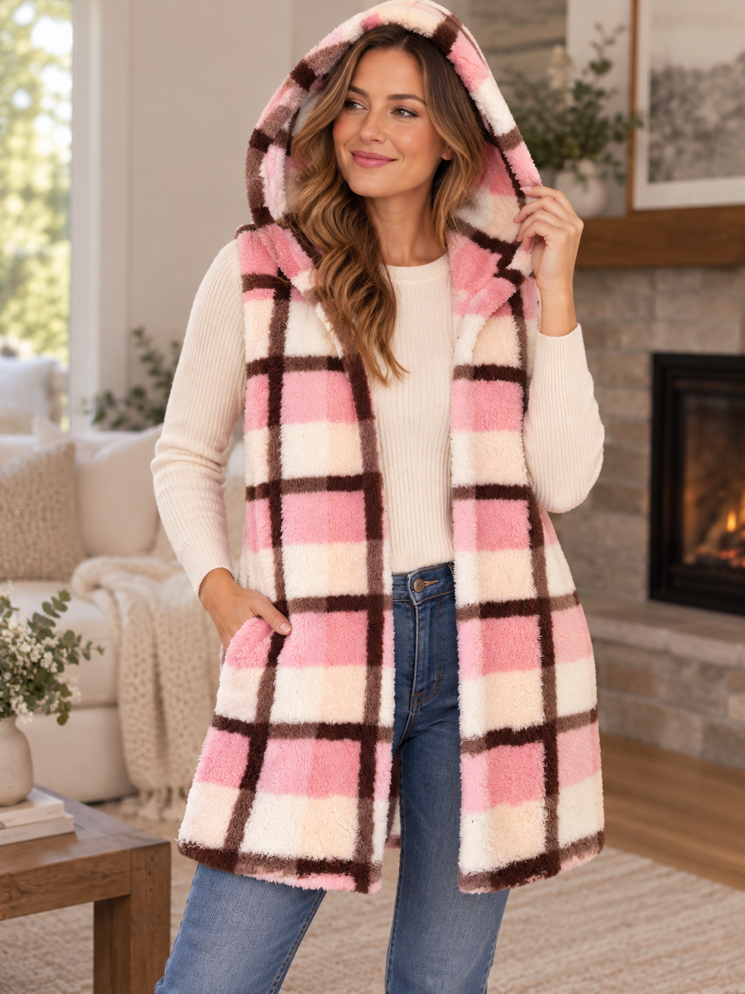 KISS and FLY pink plaid plush hooded vest on an adult model