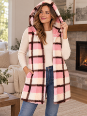 KISS and FLY pink plaid plush hooded vest on an adult model