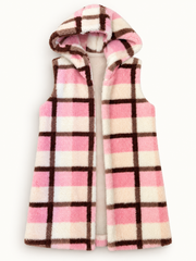 KISS and FLY pink plaid plush hooded vest studio photo